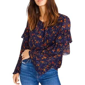 Madewell Navy Blue Ruffle-Sleeve Flowy Top in Climbing Vine Colors